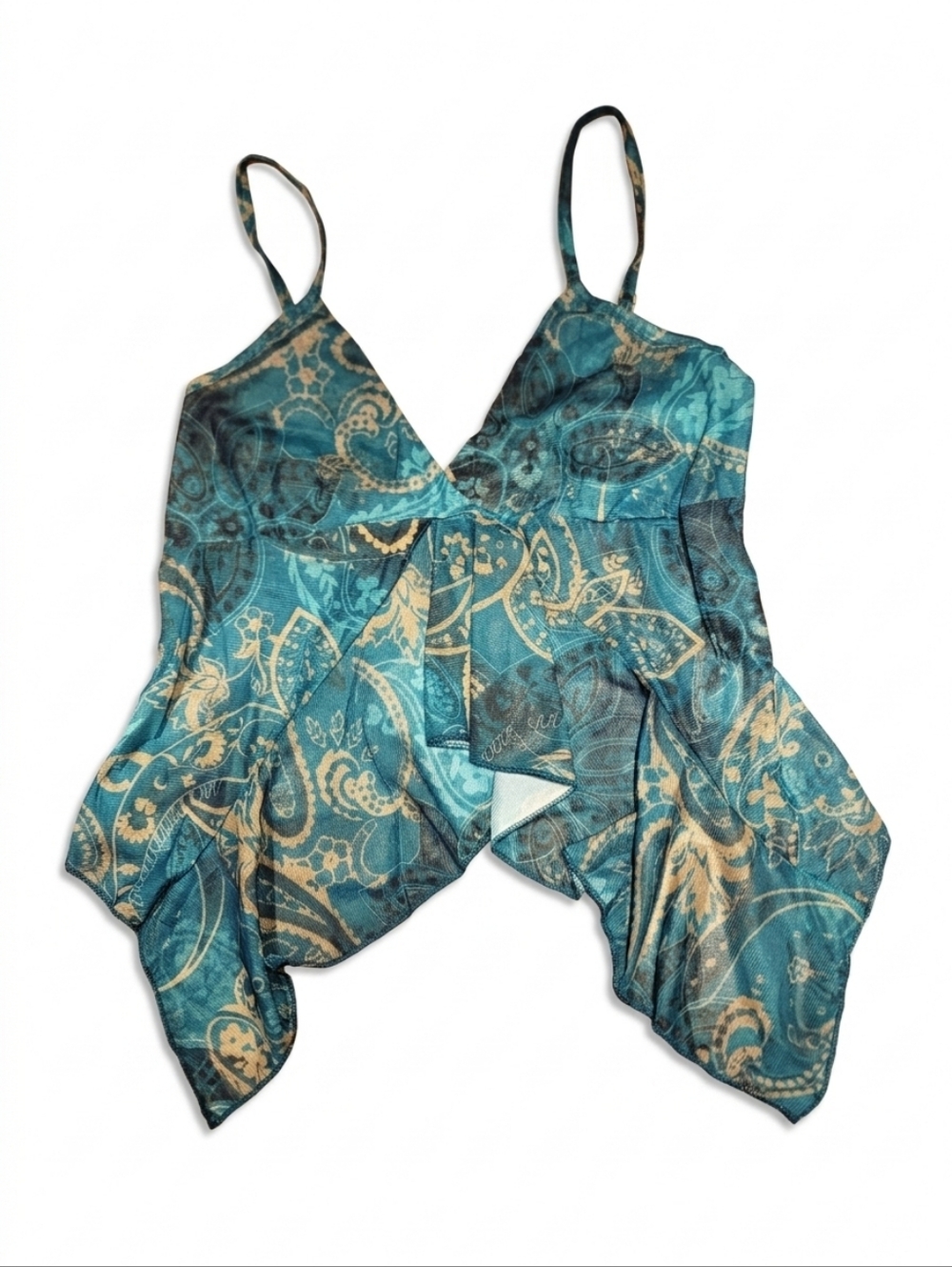 Teal Paisley Asymmetrical Hem Mesh Tank Top